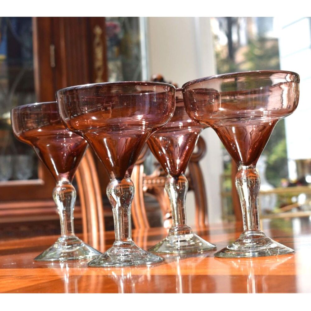 Vintage Hand Blown Amethyst Coupe Cocktail Glasses Set of 4 Square Base - 7"